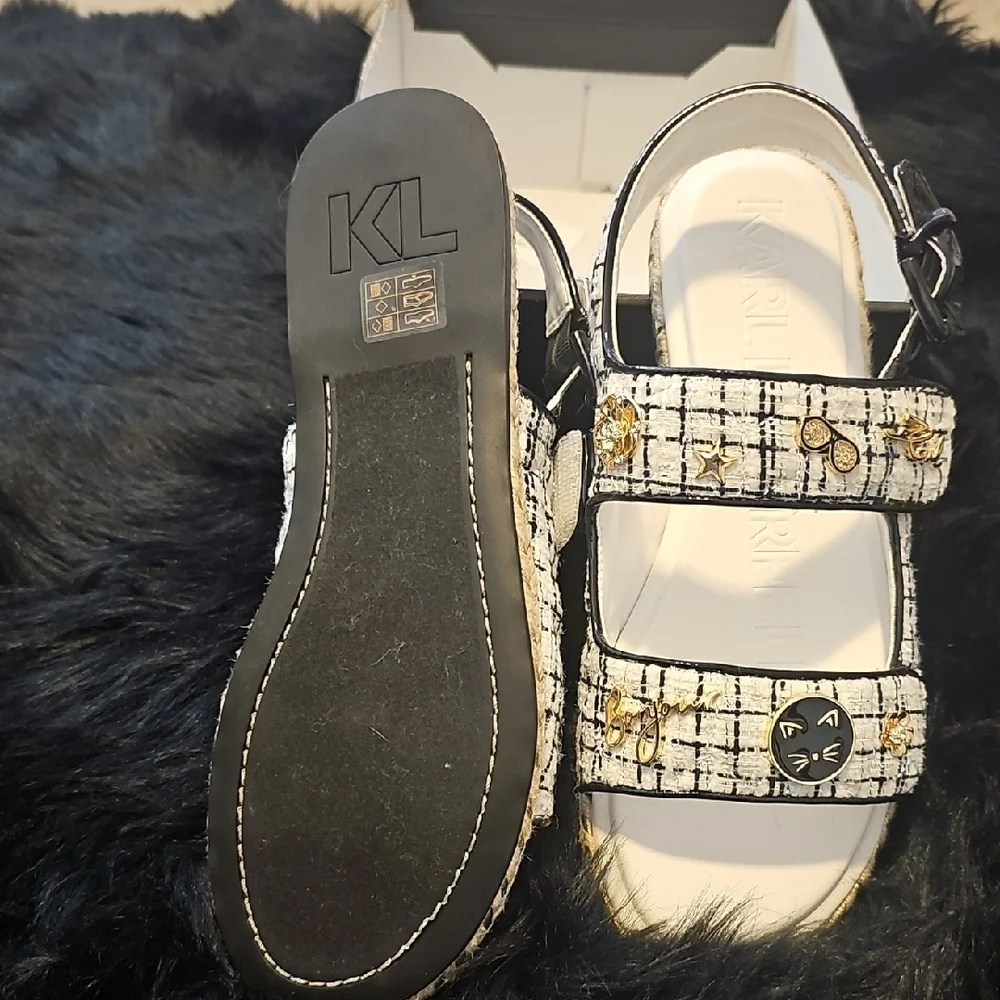 Karl Lagerfeld Women's Black and White Tweed Sandals - Picture 5 of 5